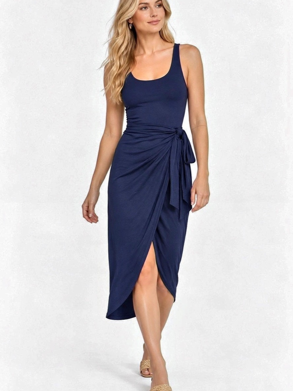 Reformation Jeans Kaila Knit Dress Navy Wrap Style Jersey Midi Dress S